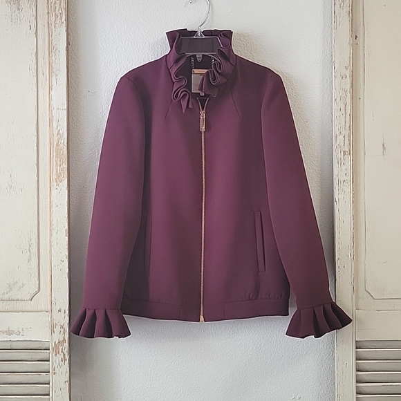 Ted Baker Lydiah crepe ruffle burgundy/wine rose-gold zip jacket women's size 0 - Picture 3 of 14